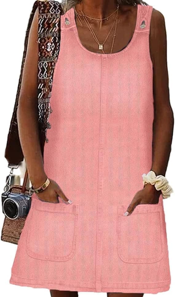 HUEOBIR Denim Overall Dress for Women Round Neck Skirtall Jean — Pink