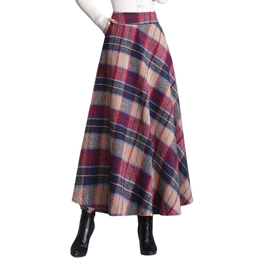 Women's Elastic Waist Plaid Wool Blend A-Line Skirt with Pockets