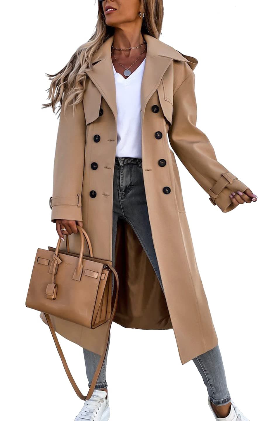 Fisoew Women's Classic Double Breasted Trench Coat with Belt and Pockets