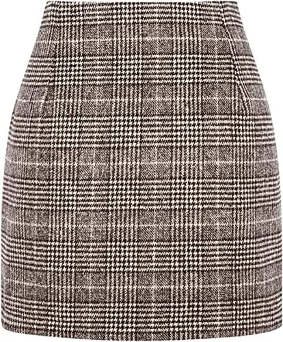 Women's High Waist Plaid Wool Mini Skirt — Coffee 01