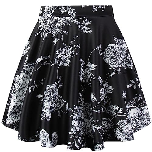 PUKAVT Women's A-Line Mini Flared Stretchy Skater Party Skirt — Black White Flower