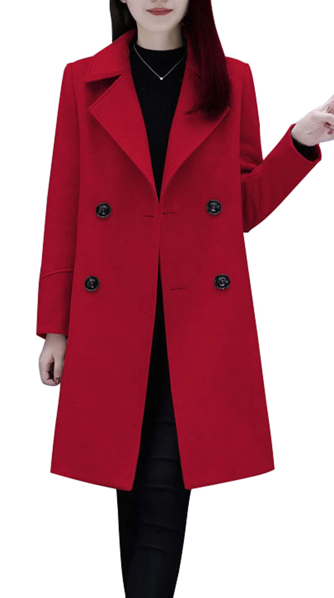 Chou yatou Women's Mid-Long Double Breasted Wool Blend Pea Coat