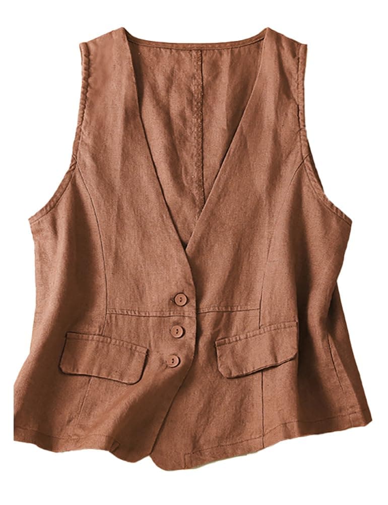 ULEMON Women's Linen Button Down Vest Top