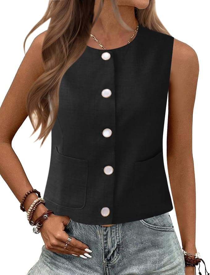 Rapbin Women's Sleeveless Button Down Vest Tops Casual Business Outfits — Black