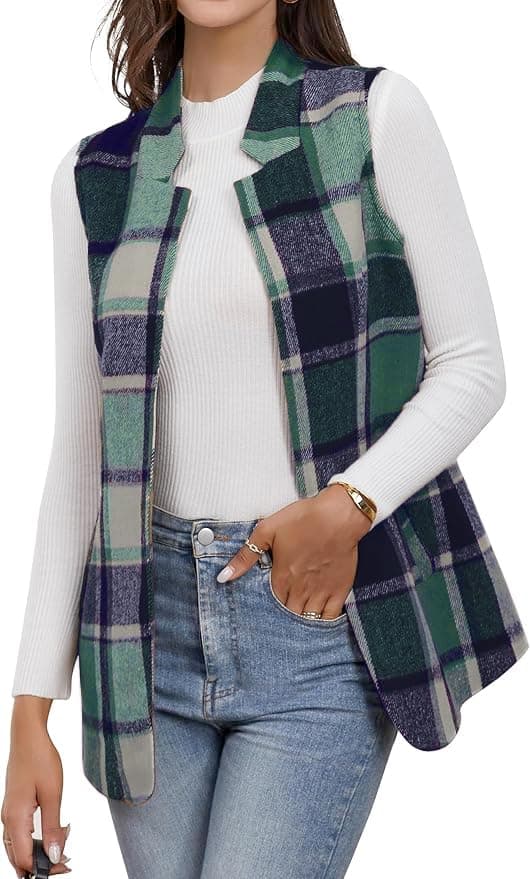 IDEALSANXUN Wool Plaid Vest for Women Fall Open Front Blazer Jackets — Green New