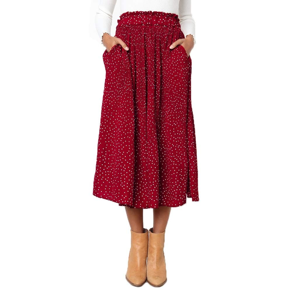 EXLURA Women's High Waist Pleated Polka Dot Maxi Midi Skirt with Pockets