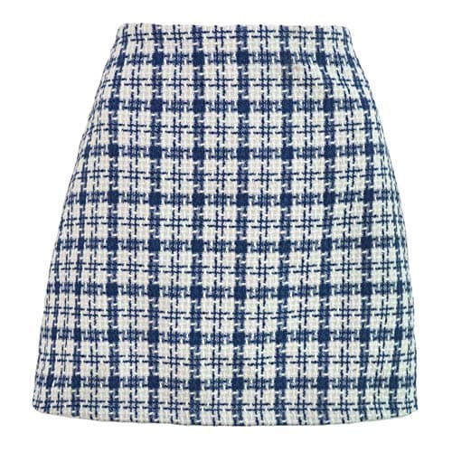 Women's High Waist Plaid Wool Mini Skirt — Tweed Blue