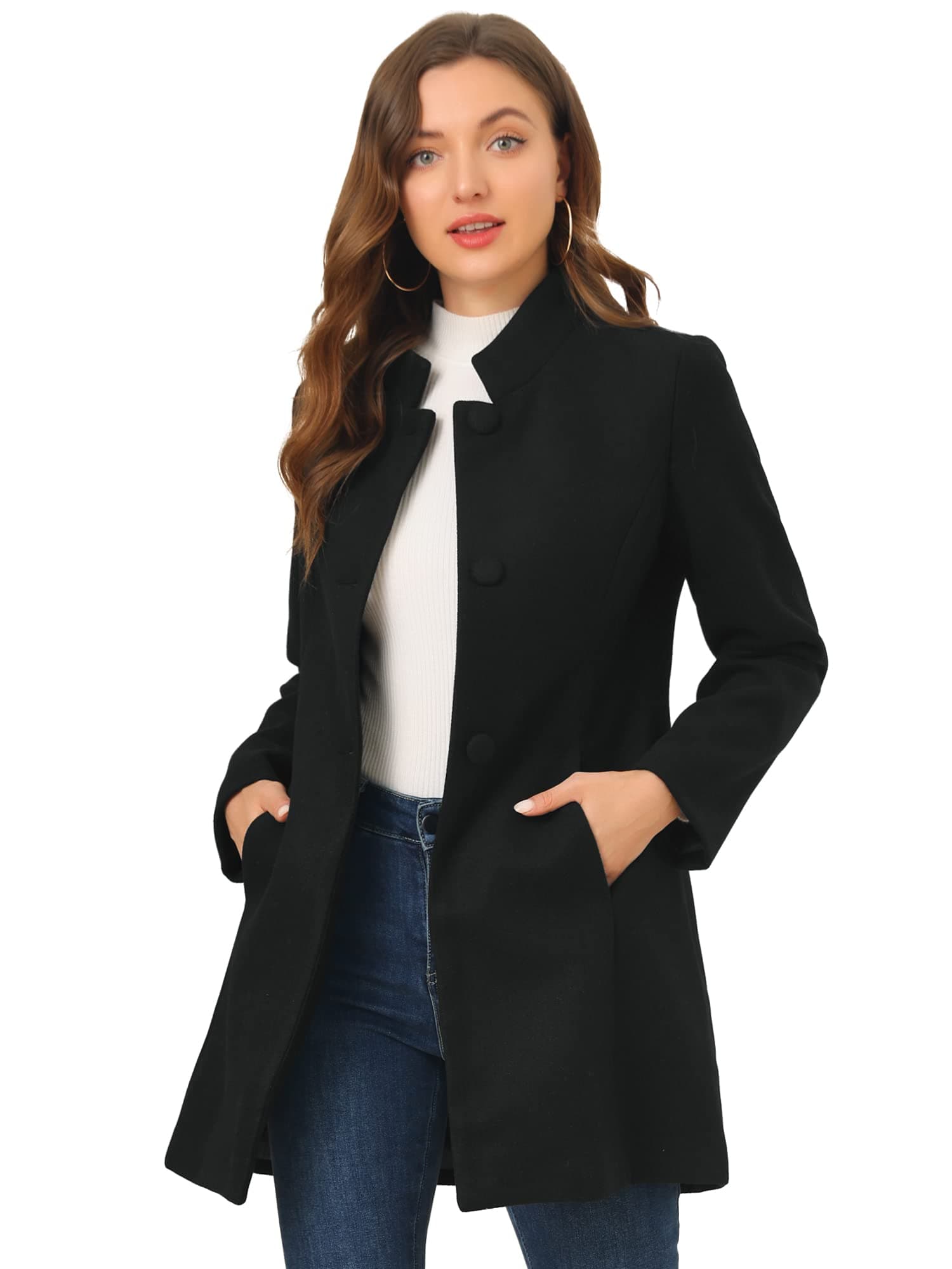 Allegra K Women's Mid-Long Winter Stand Collar Overcoat