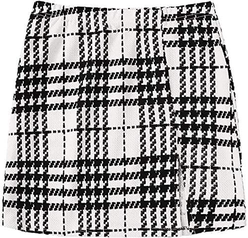 Floerns Women's High Waisted Mini Plaid Split Hem Casual Skirt — Ivory Black