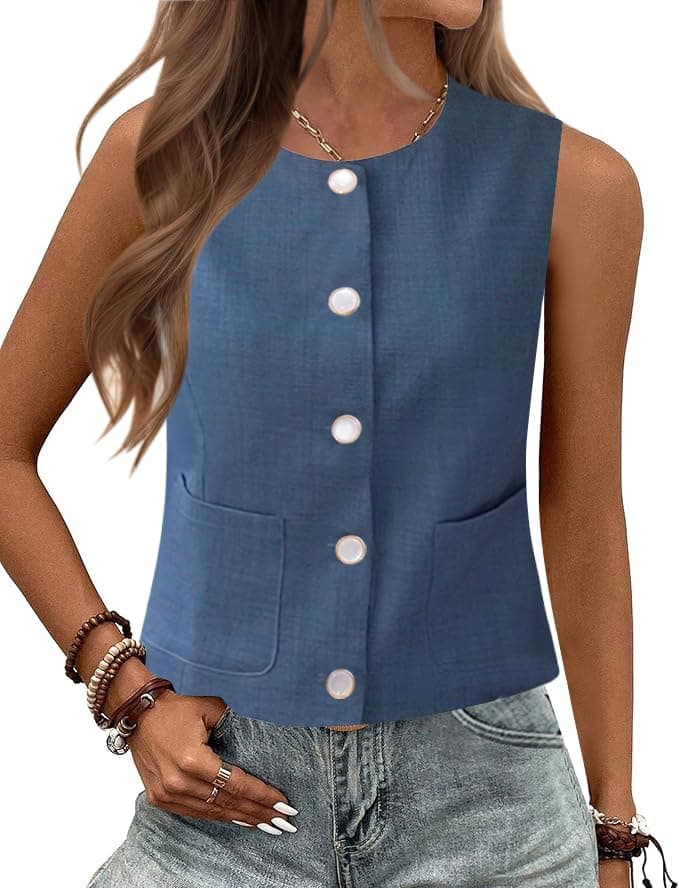 Rapbin Women's Sleeveless Button Down Vest Tops Casual Business Outfits — Navy Blue