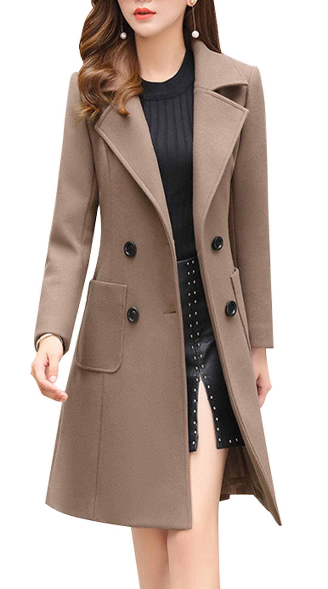 Chouyatou Women's Elegant Notched Collar Double Breasted Wool Blend Coat