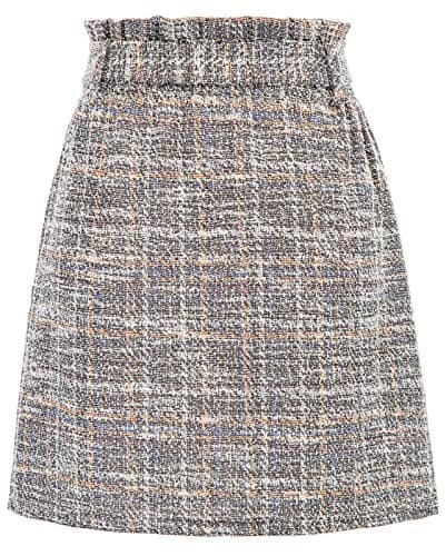 KANCY Women's Casual High Waist Plaid Tweed Mini Skirt with Pockets