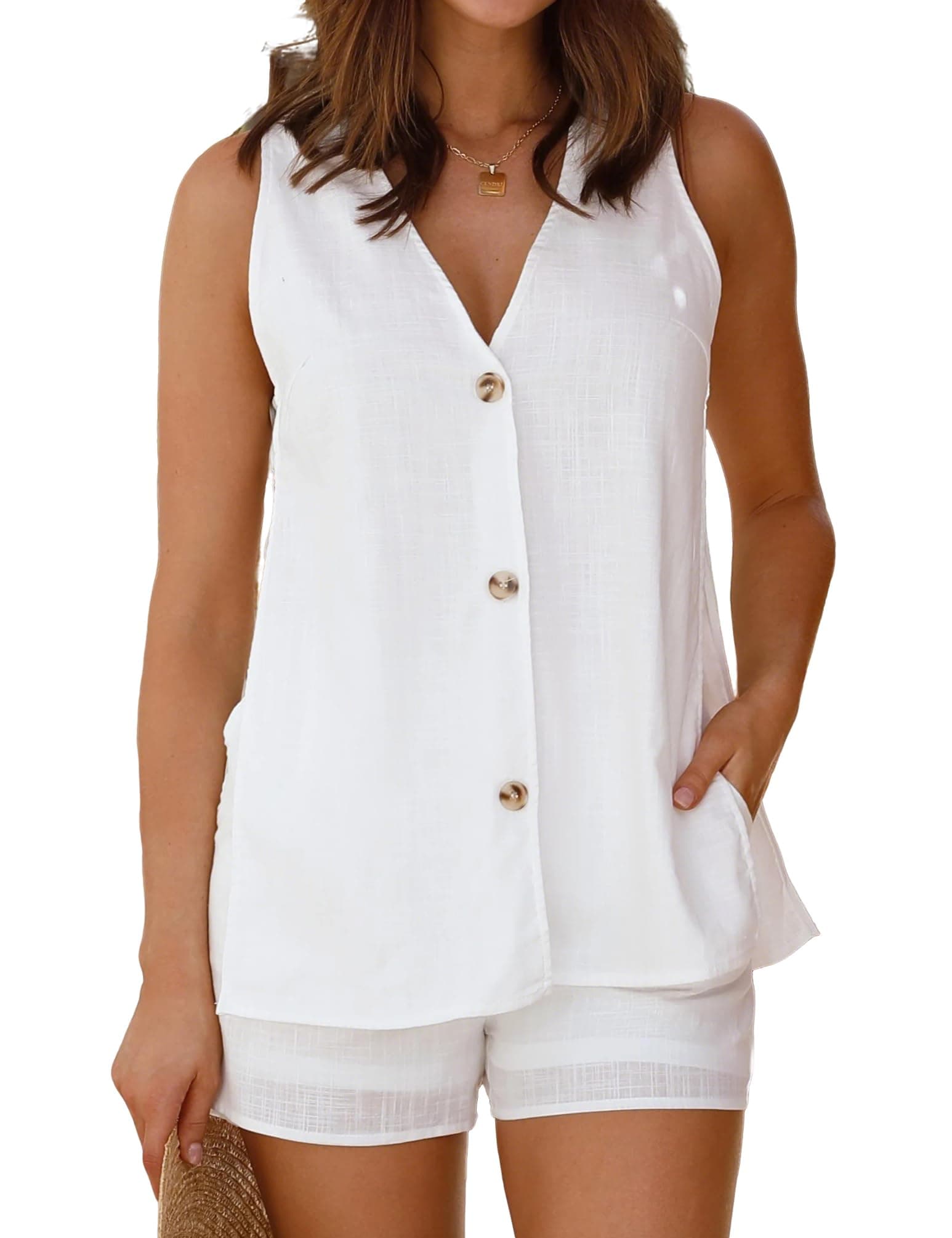 IDEALSANXUN Women's Spring Summer V-Neck Cotton Linen Vest Tops