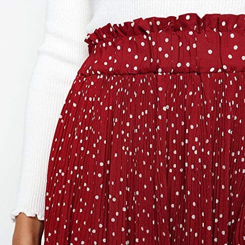 EXLURA Women's High Waist Pleated Polka Dot Maxi Midi Skirt with Pockets