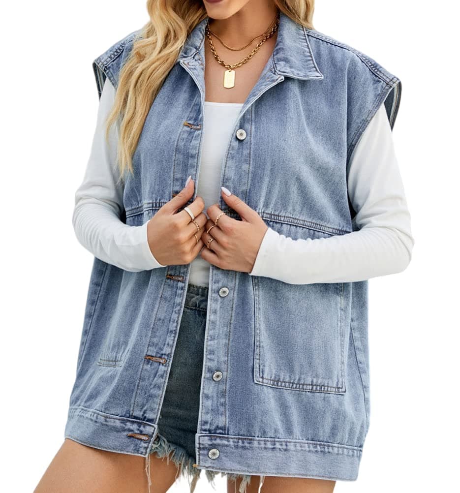 PAODIKUAI Women's Oversized Distressed Denim Vest Jackets