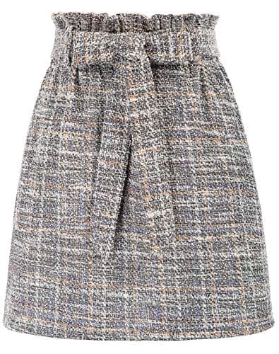 KANCY Women's Casual High Waist Plaid Tweed Mini Skirt with Pockets