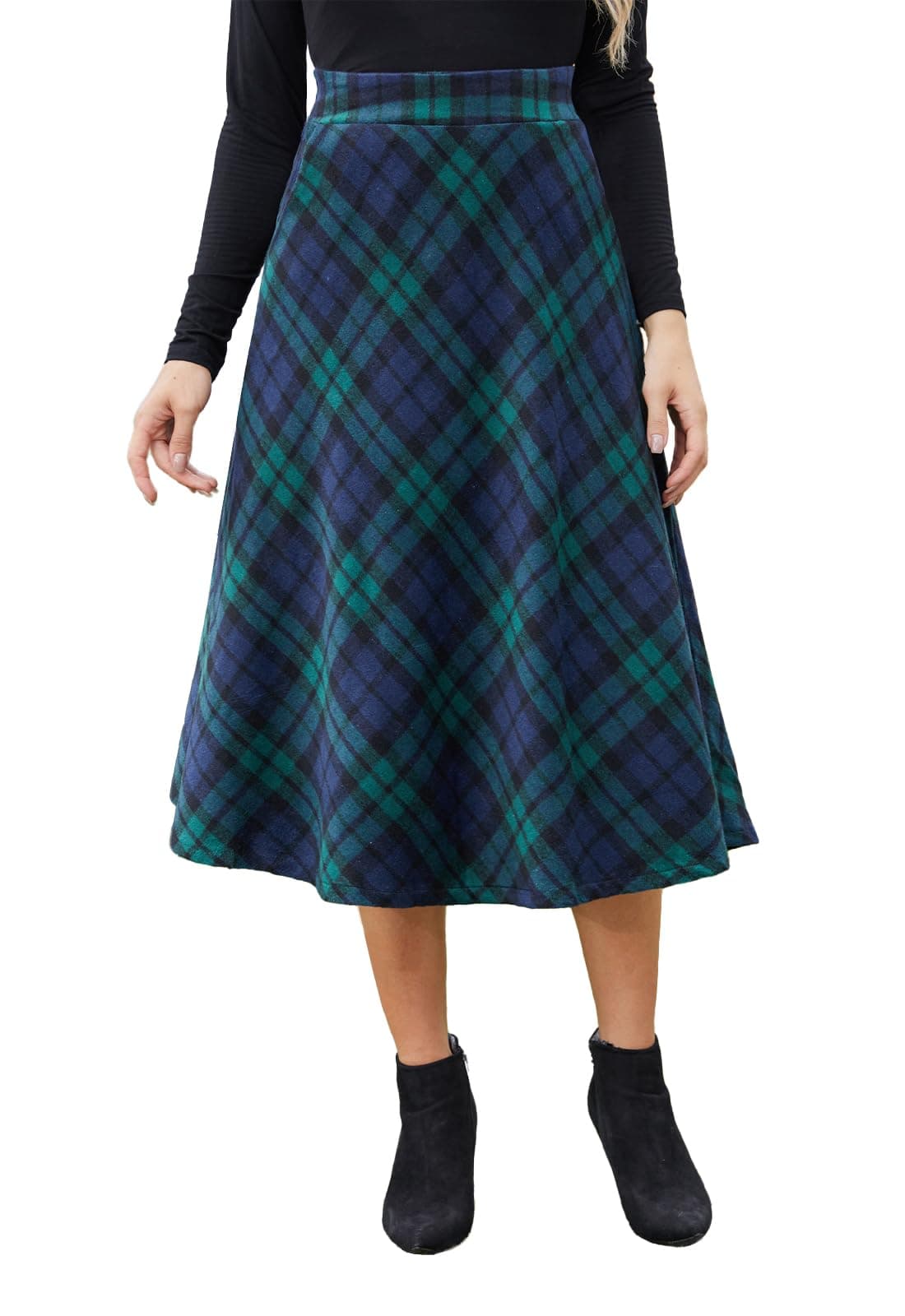 HERBATOMIA Women'sVintagePlaidMidiSkirtwithPocketWinterWarm