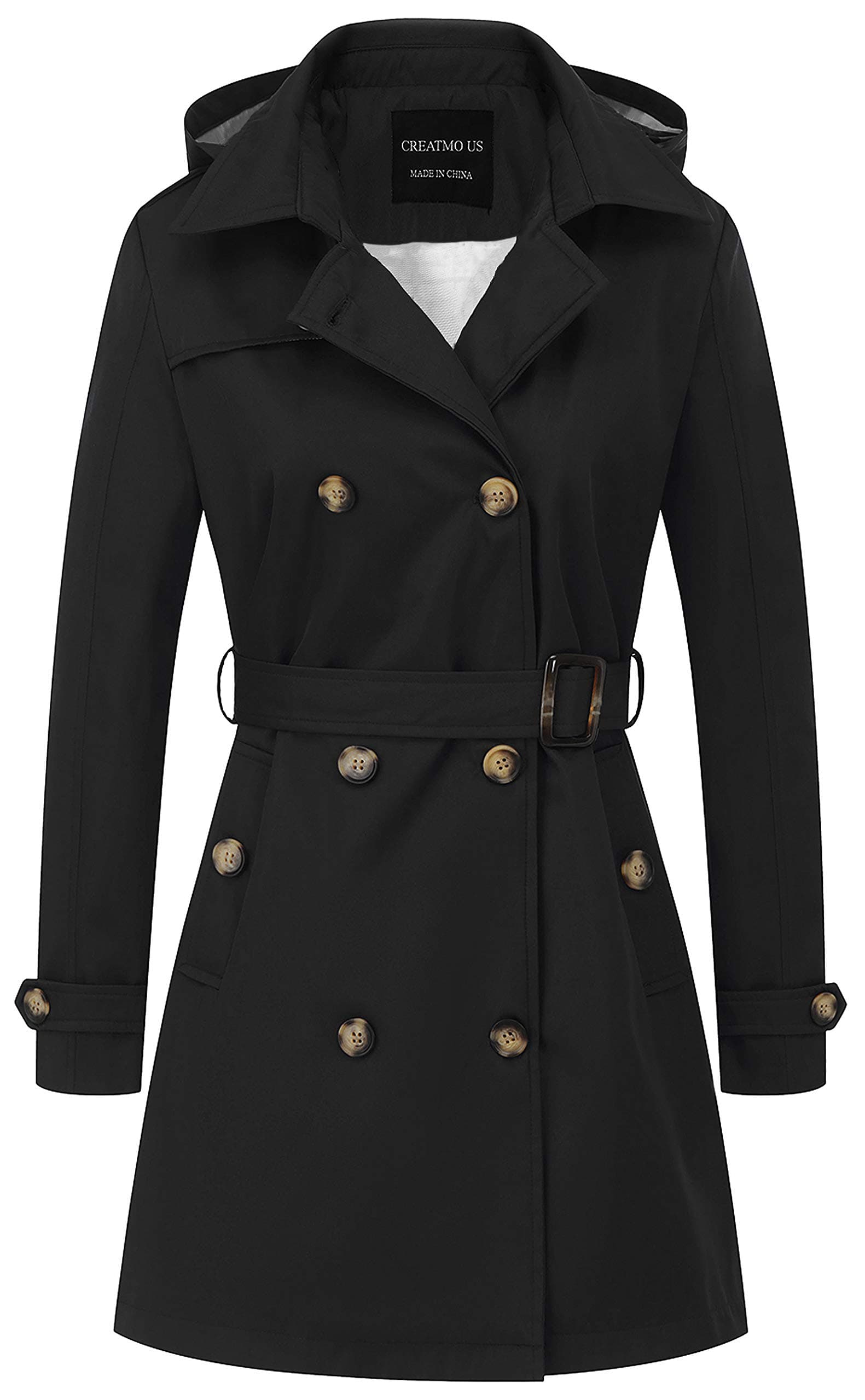 CREATMO Women's Classic Double-Breasted Trench Coat with Detachable Hood
