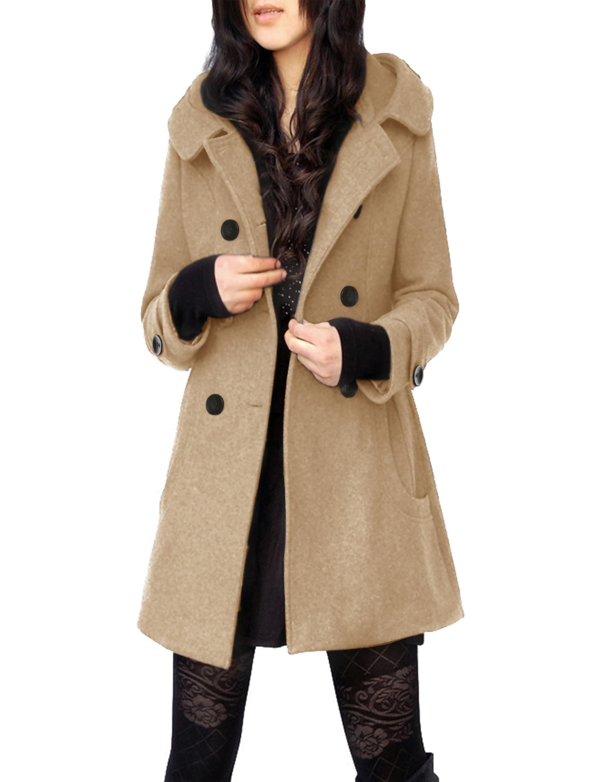Tanming Women's Warm Double Breasted Wool Pea Coat with Hood