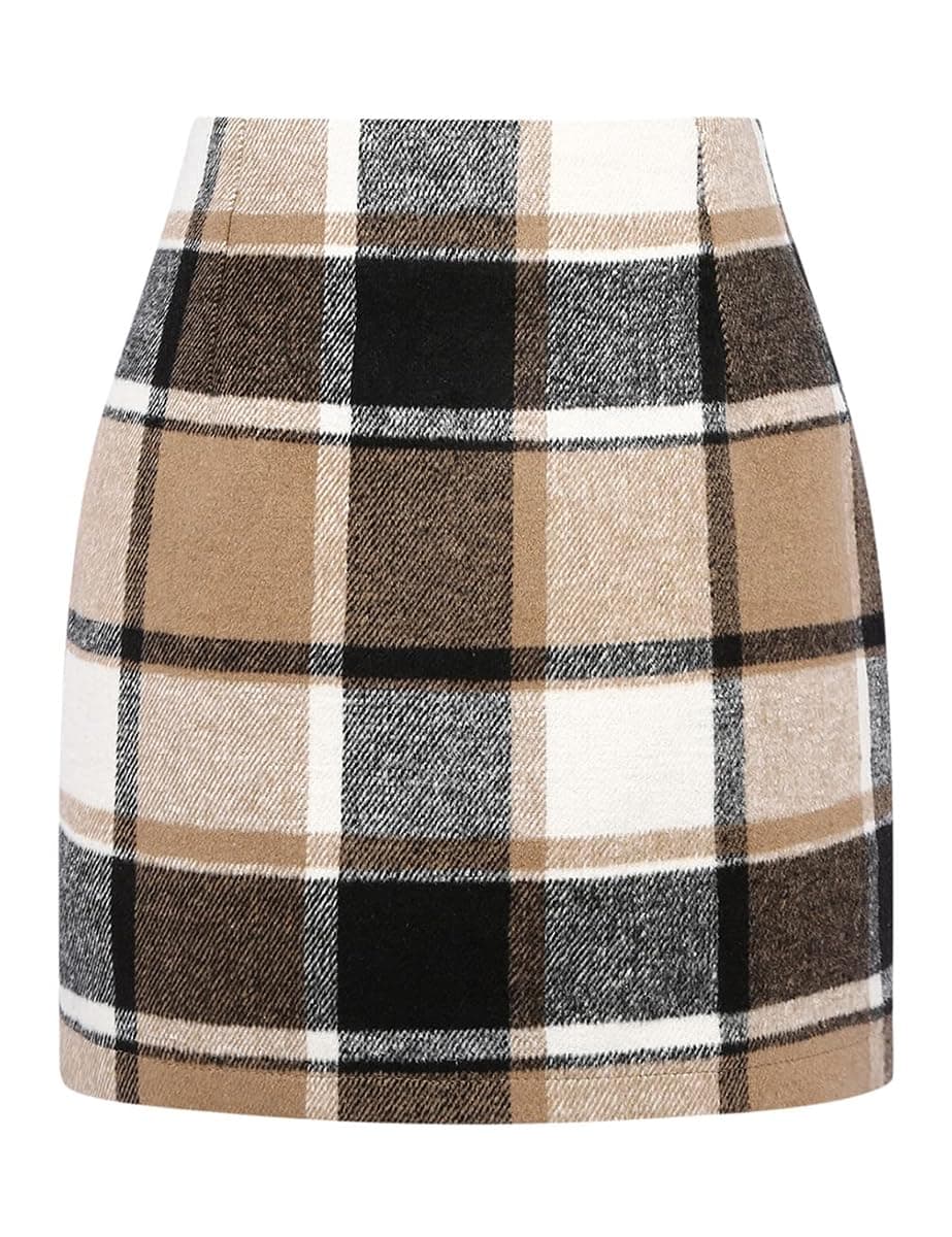 Mywinway Women's Plaid High Waist A-Line Skirt Fall Winter