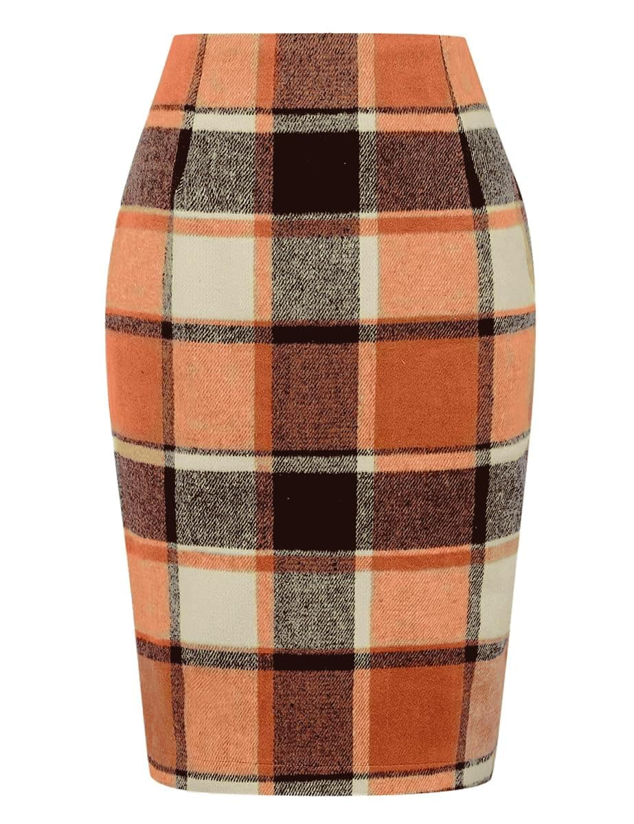 IDEALSANXUN Orange Wool Midi Skirt, 2024 Fall Women's Knee Length Plaid Slit Midi Skirt