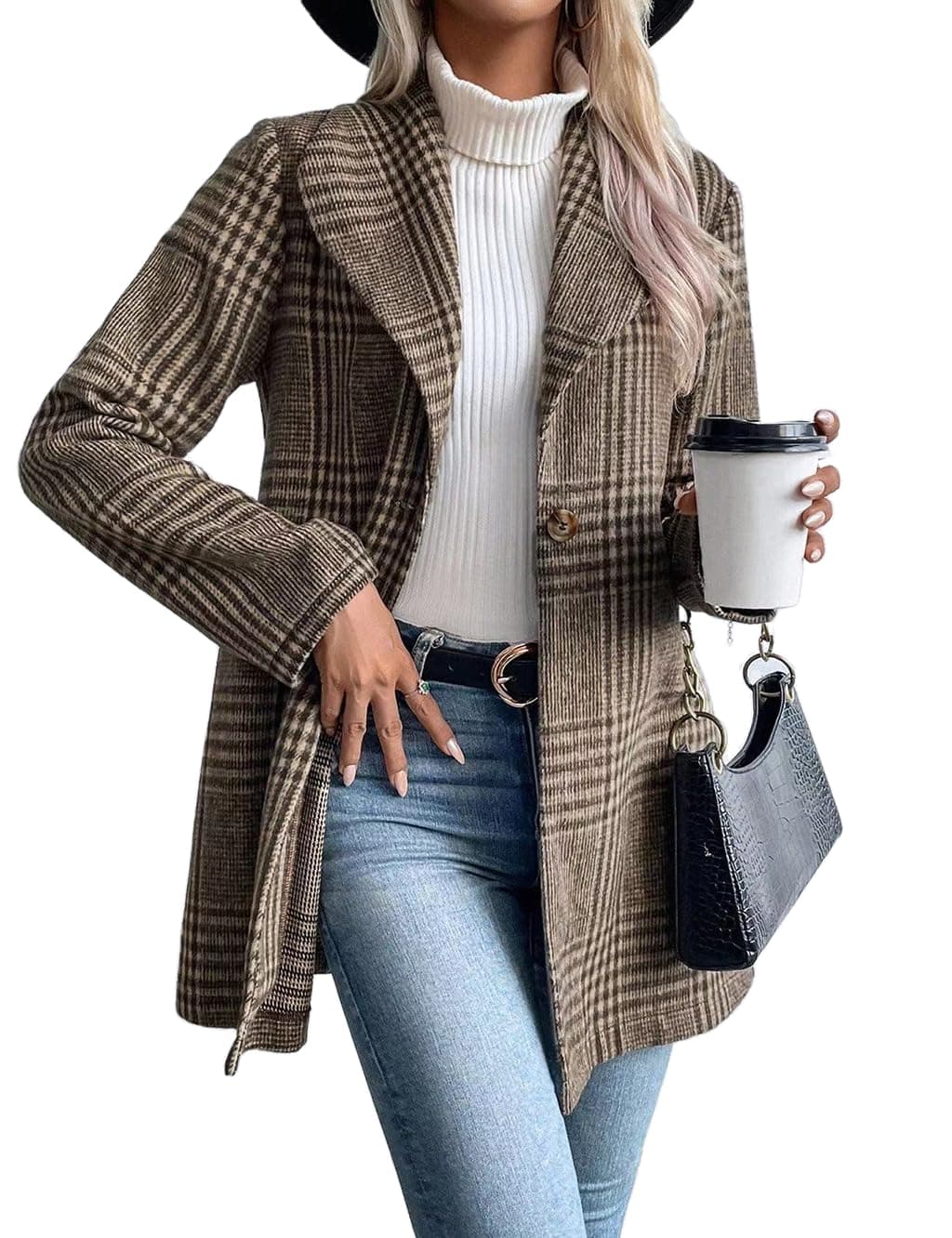 Long Wool Plaid Blazer for Women's Fall and Winter Outfits