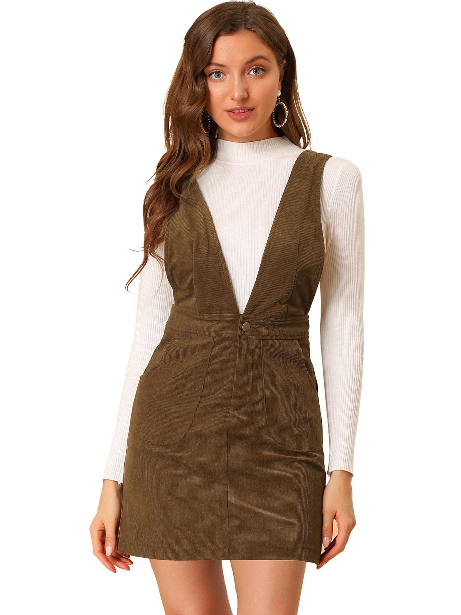 Allegra K Women's Corduroy V-Neck Mini Pinafore Dress