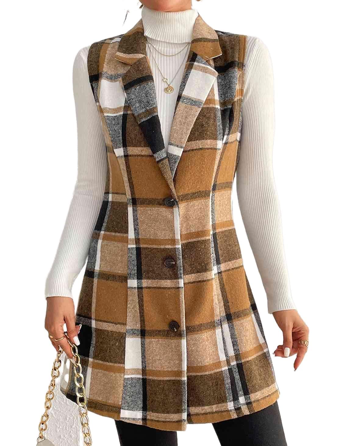 IDEALSANXUN Wool Plaid Vest for Women Fall Winter Sleeveless Blazer Jackets