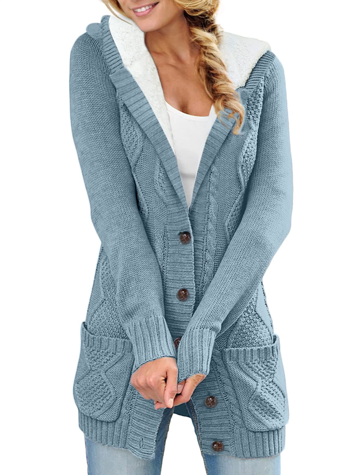 Sidefeel Women's Hooded Fleece Cardigan Winter Coat with Pockets