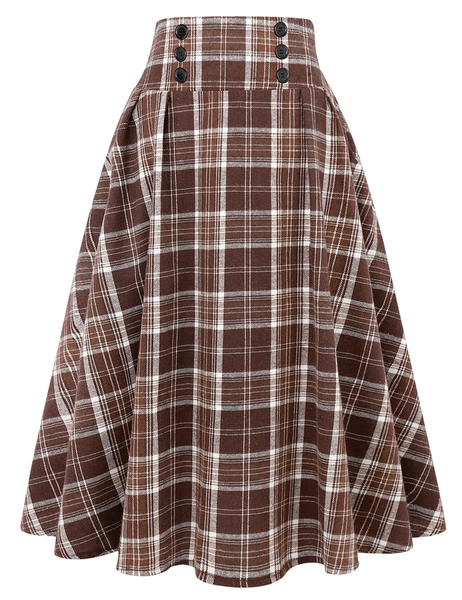 Women's High Waist Plaid A-line Midi Skirt by IDEALSANXUN