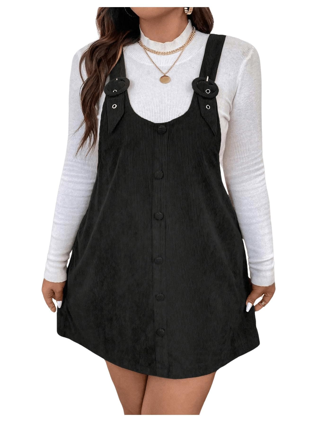 OYOANGLE Plus Size Corduroy Button Front Pinafore Dress