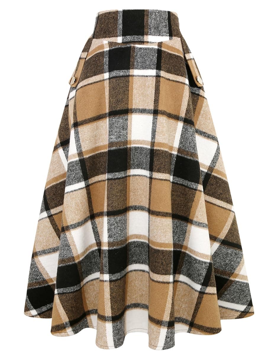 Women's High Waisted Wool Plaid A-line Skirt for Fall/Winter