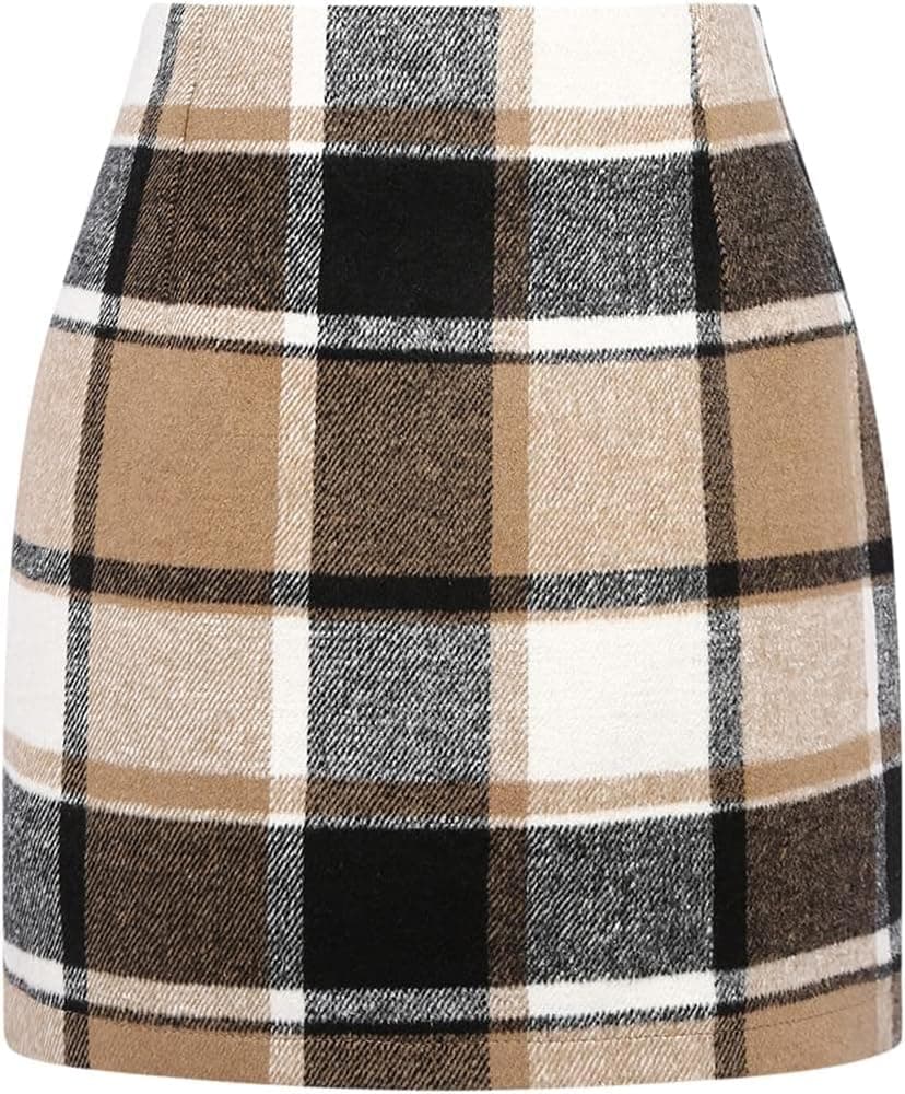 WIFFGO Women's High-Waisted Plaid Wool Mini Skirt