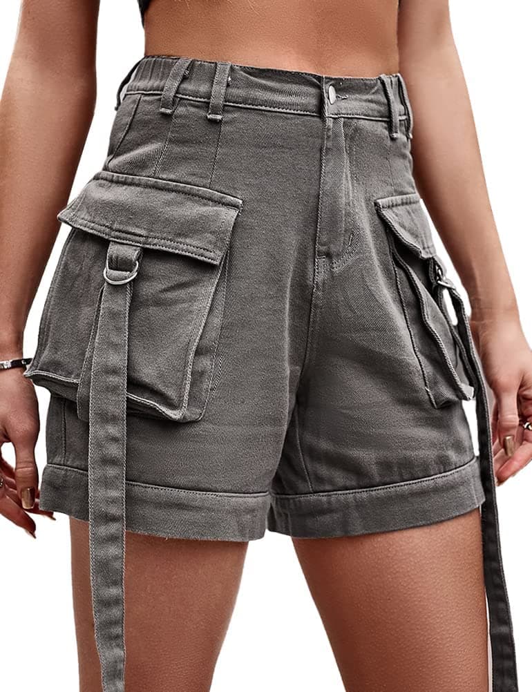 High Waist Baggy Cargo Denim Shorts with Pockets