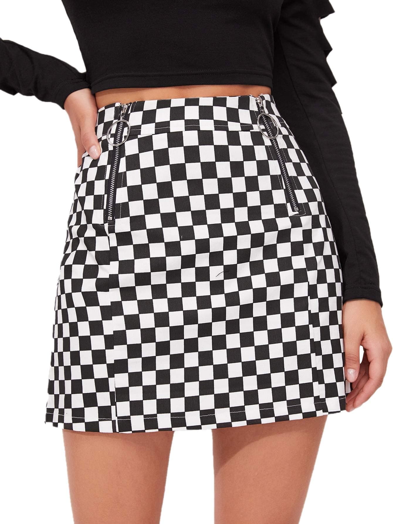 WDIRARA Women's Elegant Mid-Waist Plaid O-Ring Zipper Mini Skirt