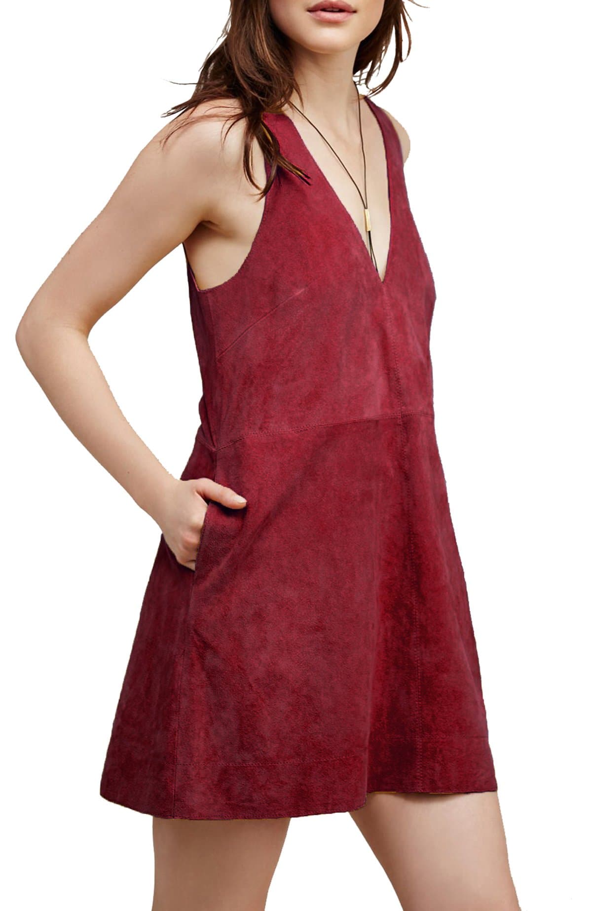 R.Vivimos Women's Fall Faux Suede V-Neck Overall Dress with Pockets