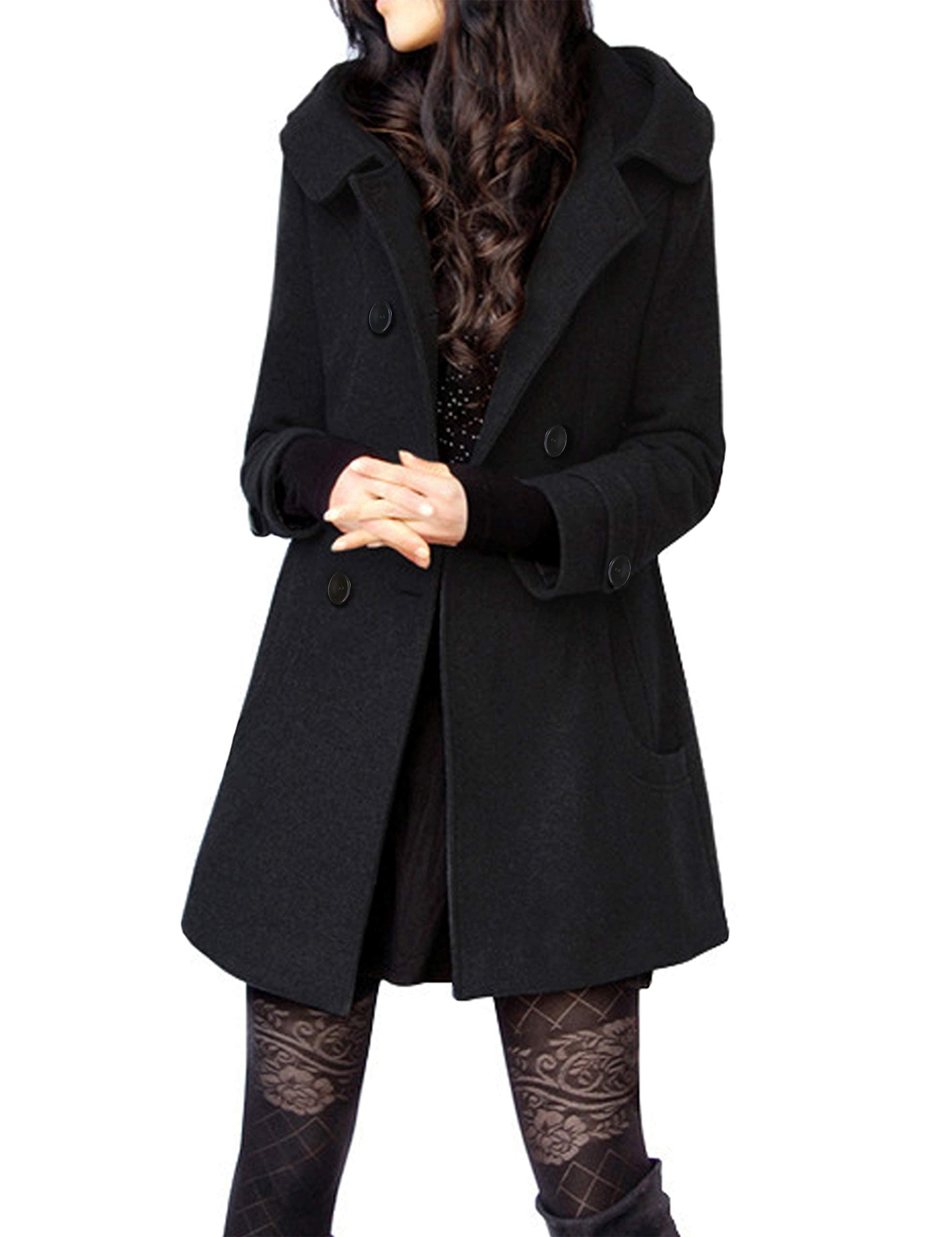 Tanming Women's Warm Double Breasted Wool Pea Coat Jacket with Hood