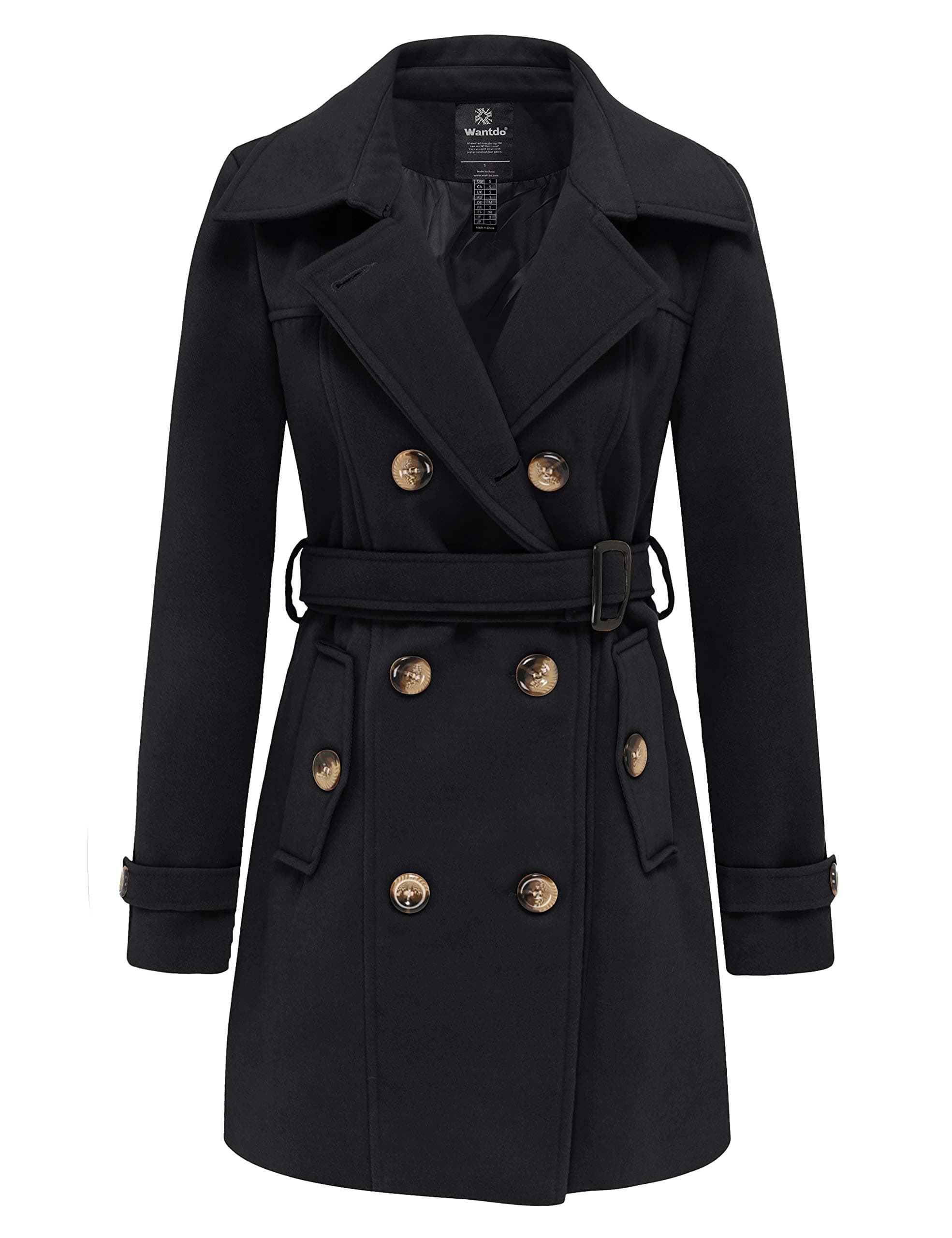 Women's WantdoDouble Breasted Pea Coat Mid-Long Trench Belted Winter