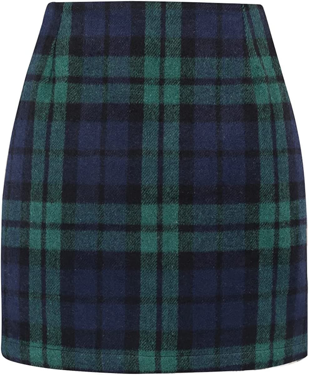 Women's High Waist Plaid Mini Wool Pencil Skirt