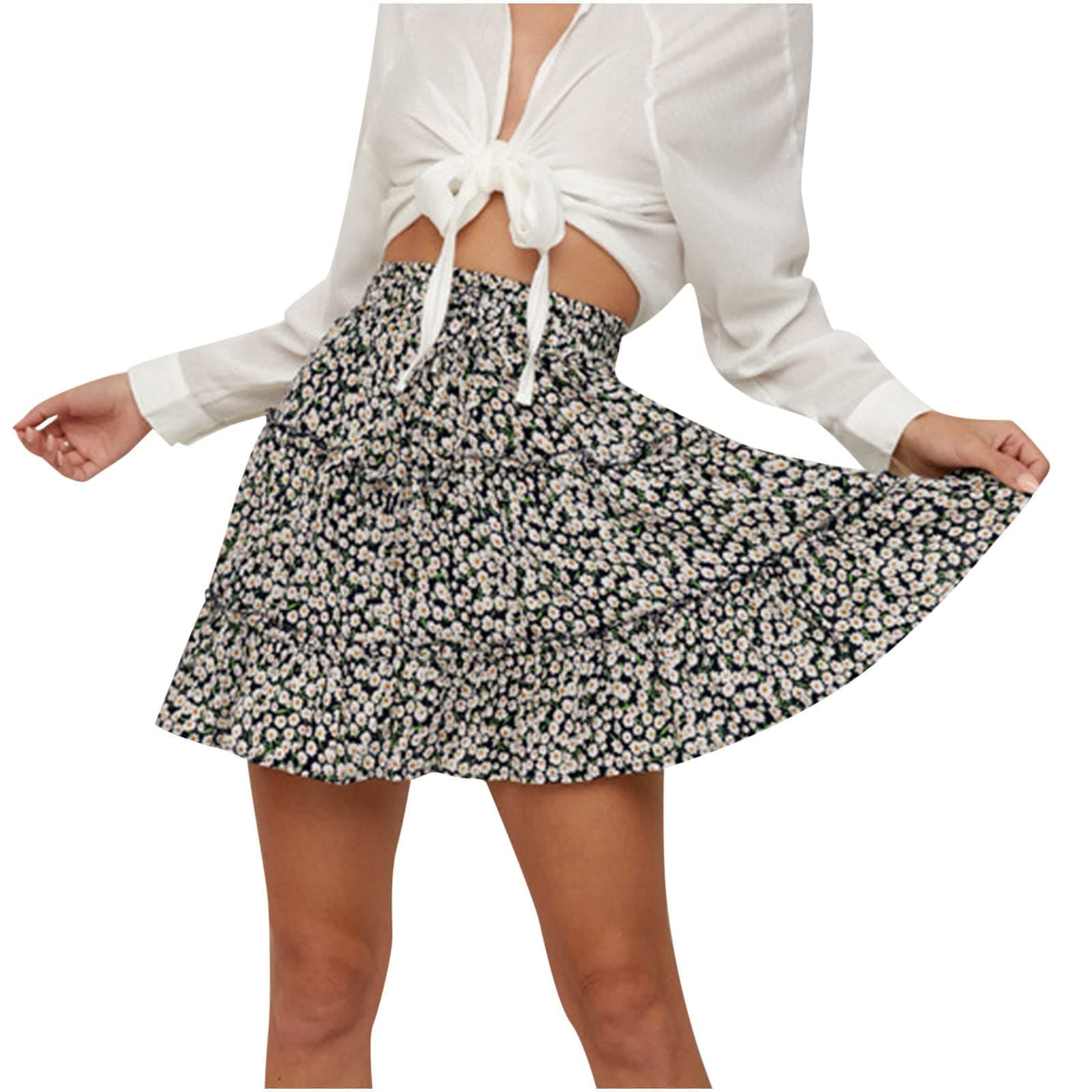 2024 Ruffle Mini Skirt A Line Flared Boho Skater Skirt