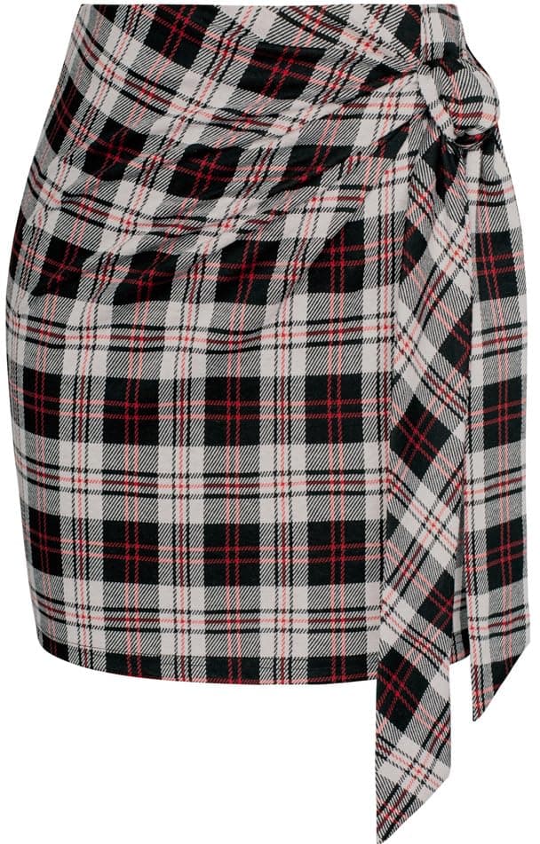Kate Kasin High Waist Elastic Plaid Mini Skirt with Bow Tie Stretch — Apricot Plaid