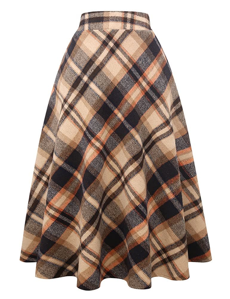 Women's Long Plaid Wool Skirt for Winter: High Waisted A-line Flare