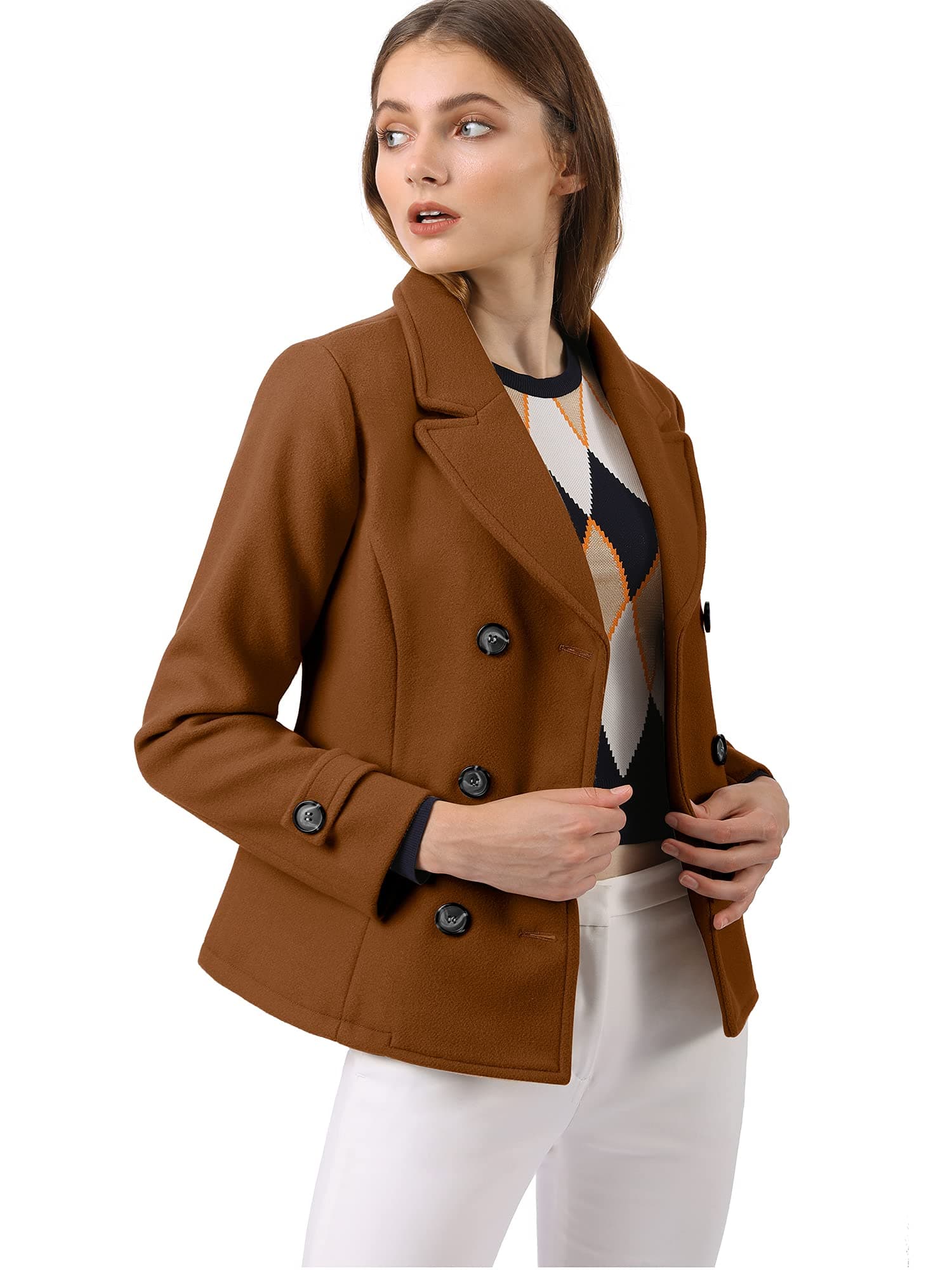 Allegra K Women's Notched Lapel Pea Coat