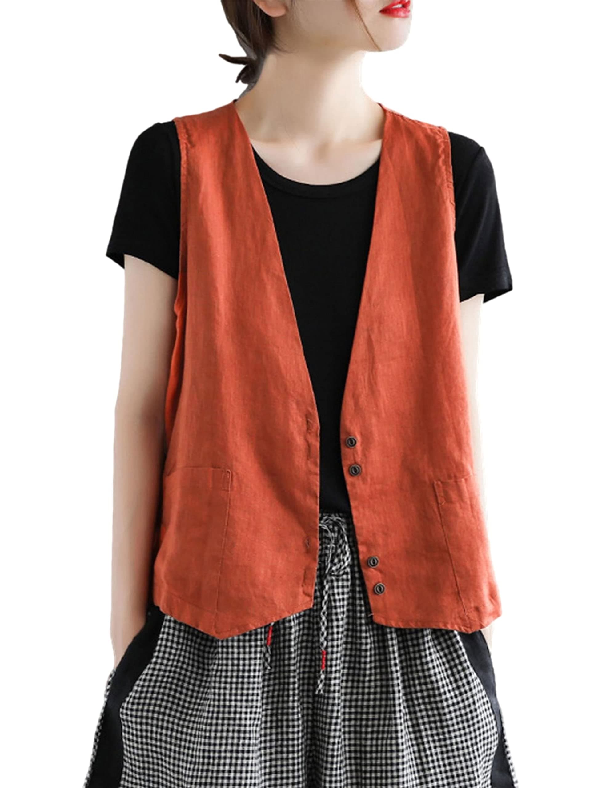 Zontroldy Women's Cotton Linen Vest with Pockets