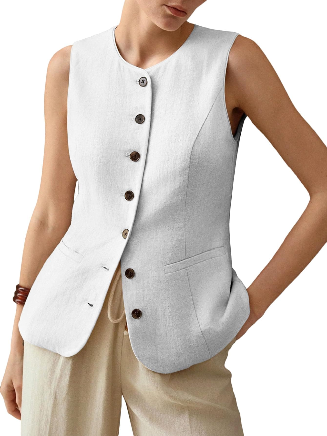 Mina Self 2025 Summer Lightweight Women's Sleeveless Linen Trendy Work Jacket with Pockets