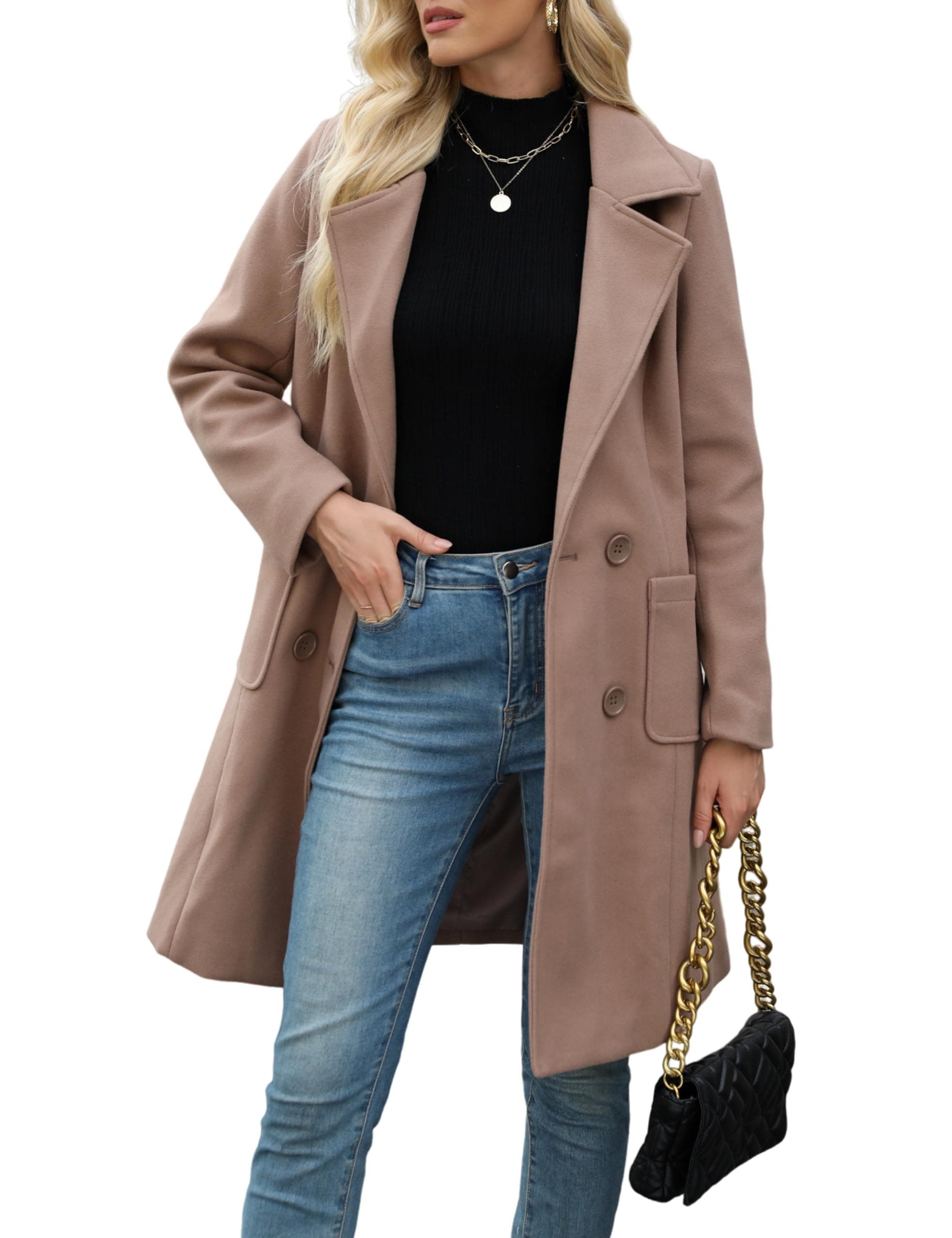 Bankeng Women Winter Mid-Long Wool Blend Notch Lapel Coat