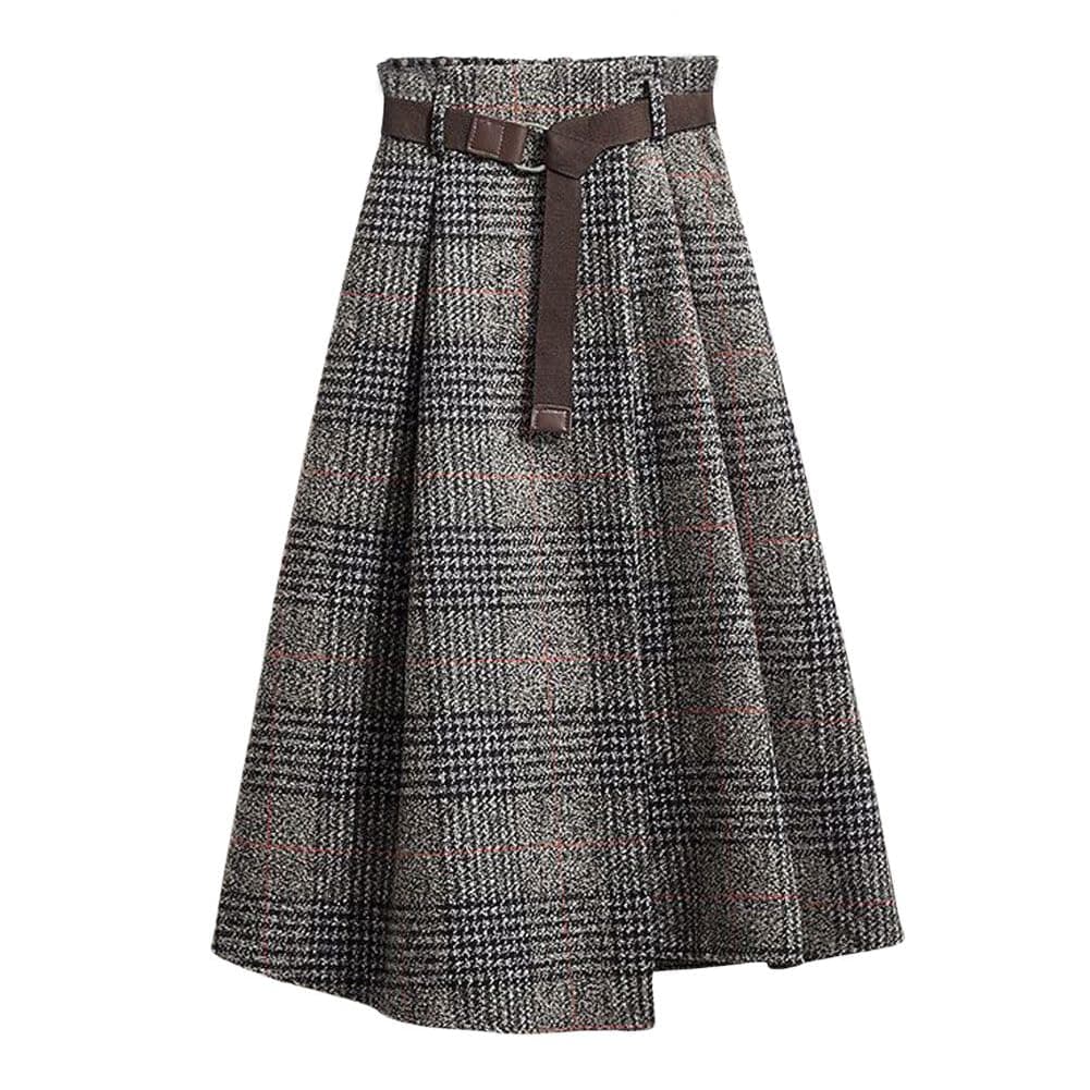 Chouyatou Women's Vintage Plaid Houndstooth Midi Skirt with Belt