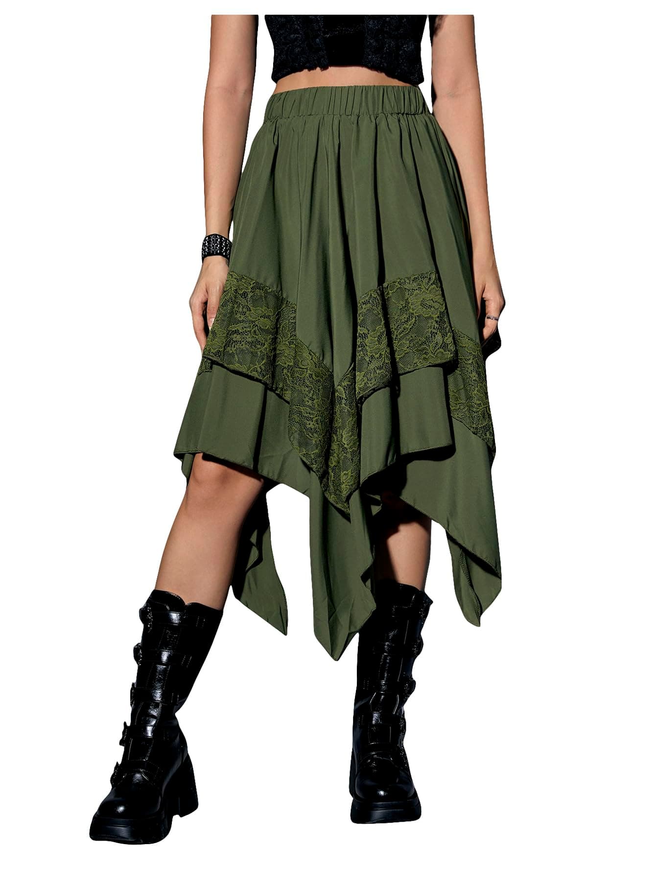 Verdusa Women's Y2K Contrast Lace Layered Midi Skirt