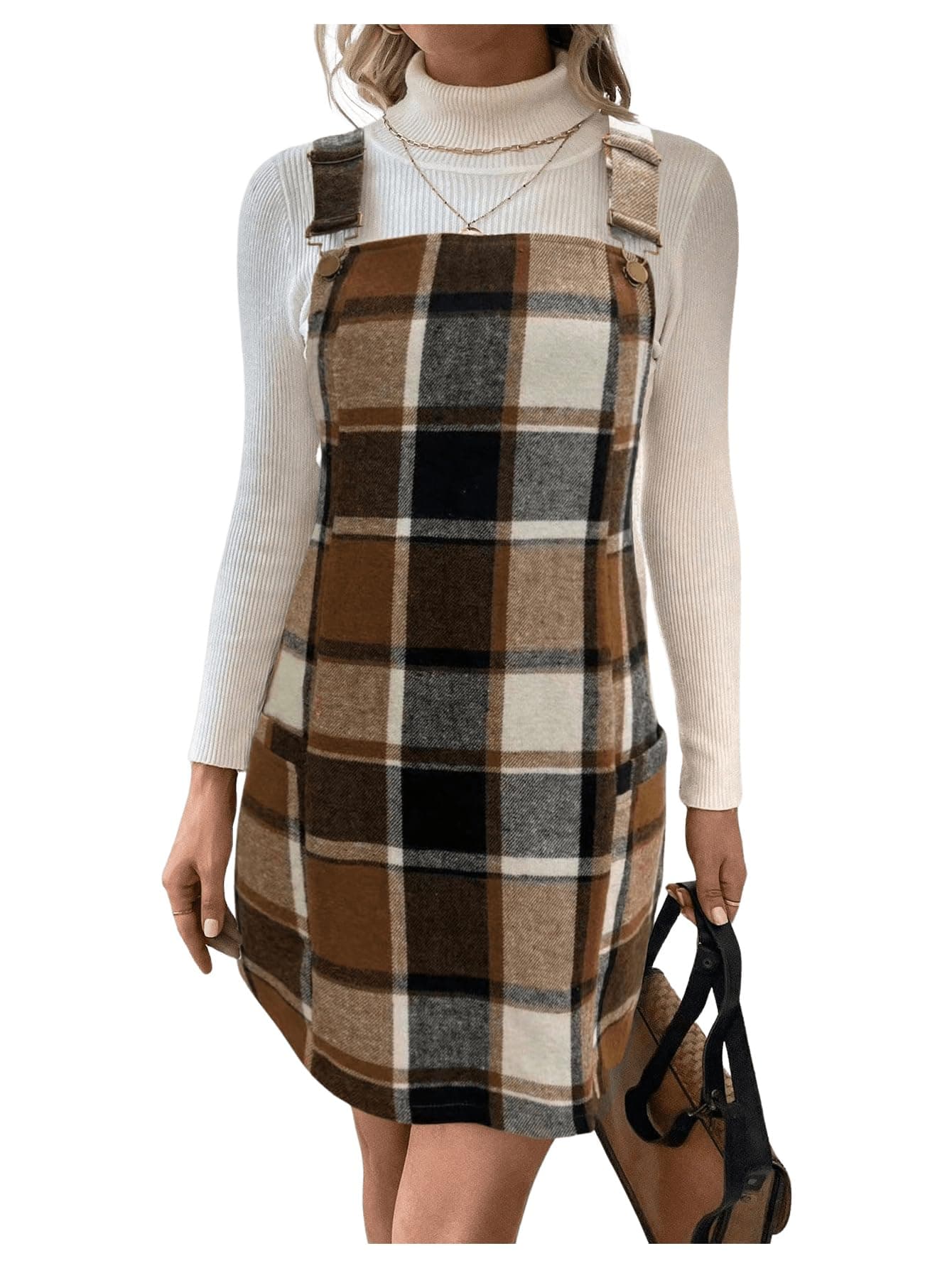 WDIRARA Women's Plaid Sleeveless Pinafore Short Dress with Pockets