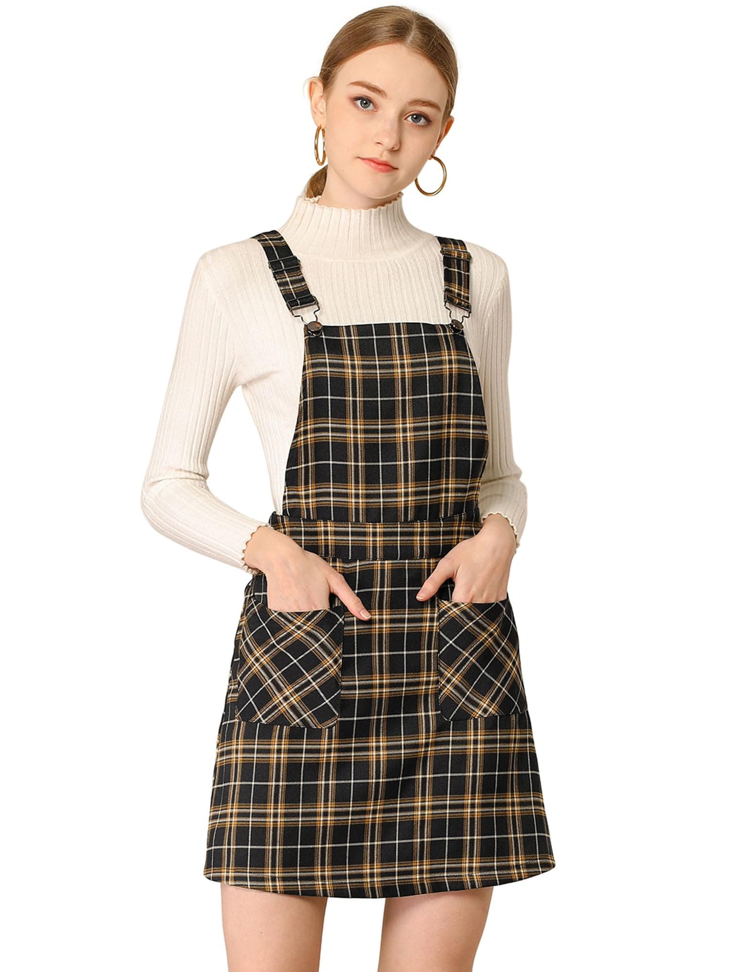 Women's Plaid Overall Dress with Adjustable Straps